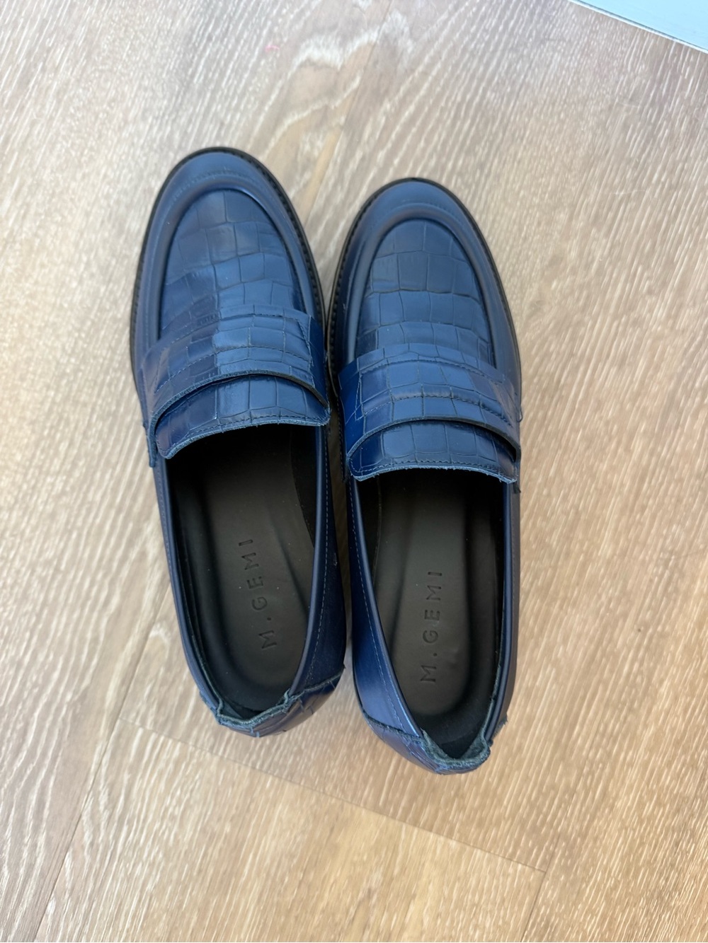 M. Gemi Blue Croc-Embossed Leather Penny Loafers